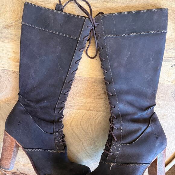 Authentic FRYE Village Lace boots in distressed dark brown leather.